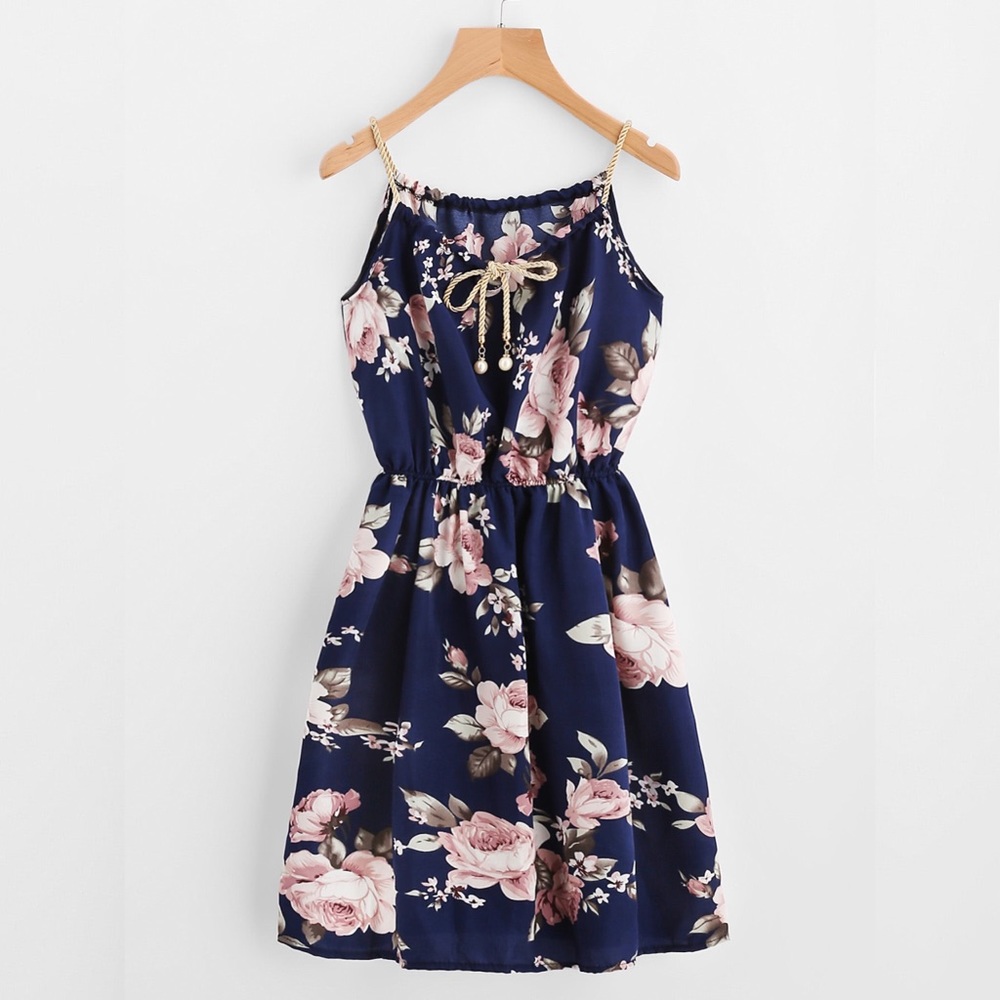 NWOT Braided Bead Strap Tie Floral Print Dress